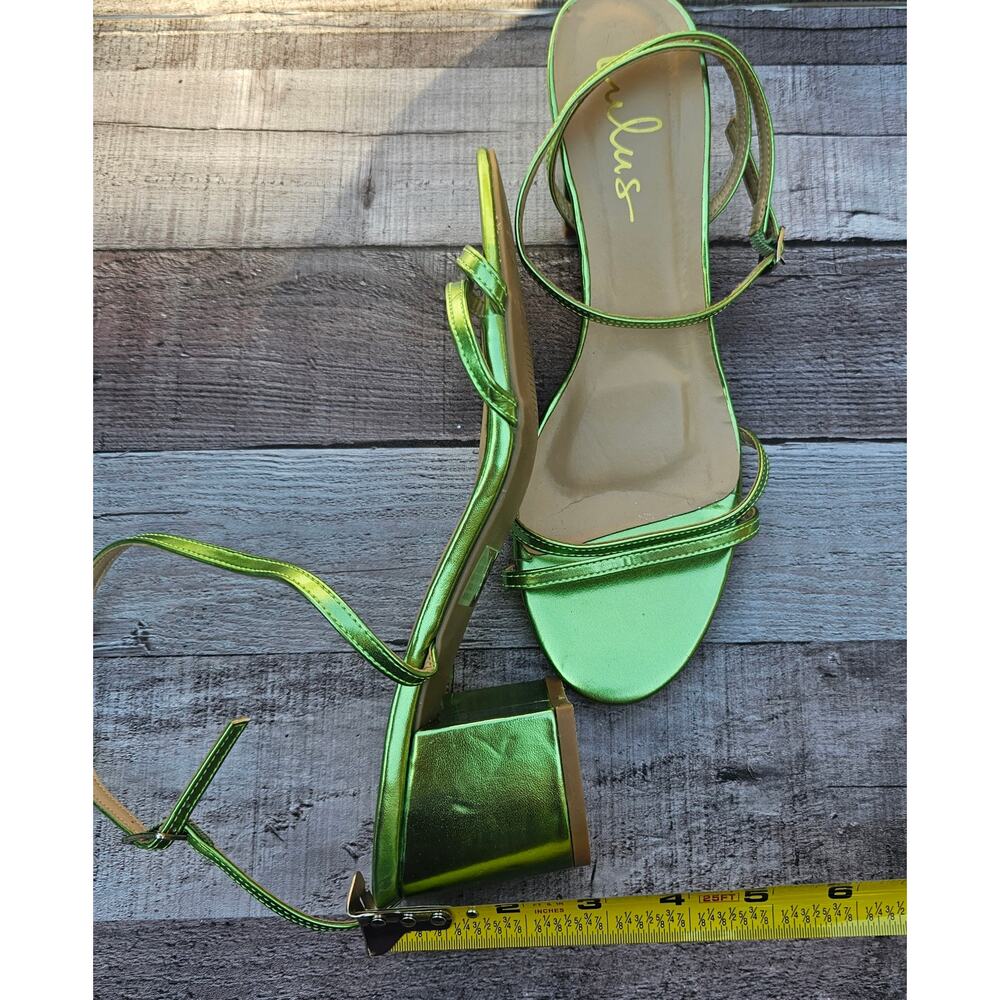 LULUS GREEN Metalic Leather Shiny Strappy Chunky Heels Shoes Women's size 8.5 - Picture 5 of 7